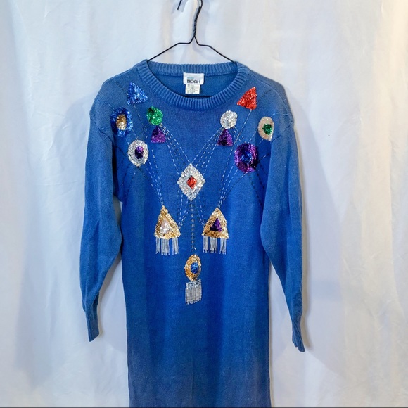 Vintage 80s Sequin Blue Sweater Dress - Picture 14 of 16
